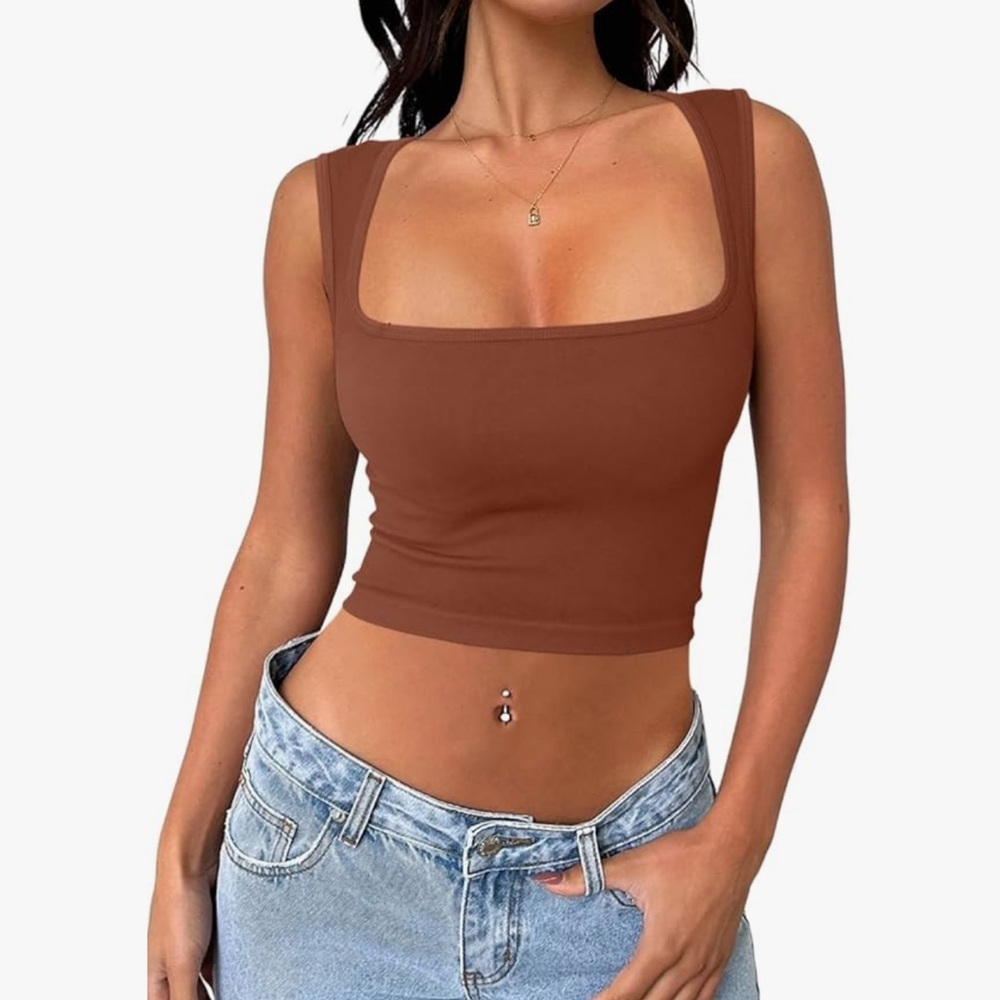 Chic Brown Square Neck Tank Top